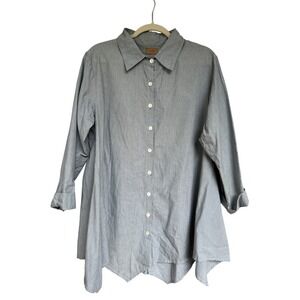 Tulip Blue Pinstripe Button Down Shirt Medium Long Sleeve Asymmetrical Lagenlook